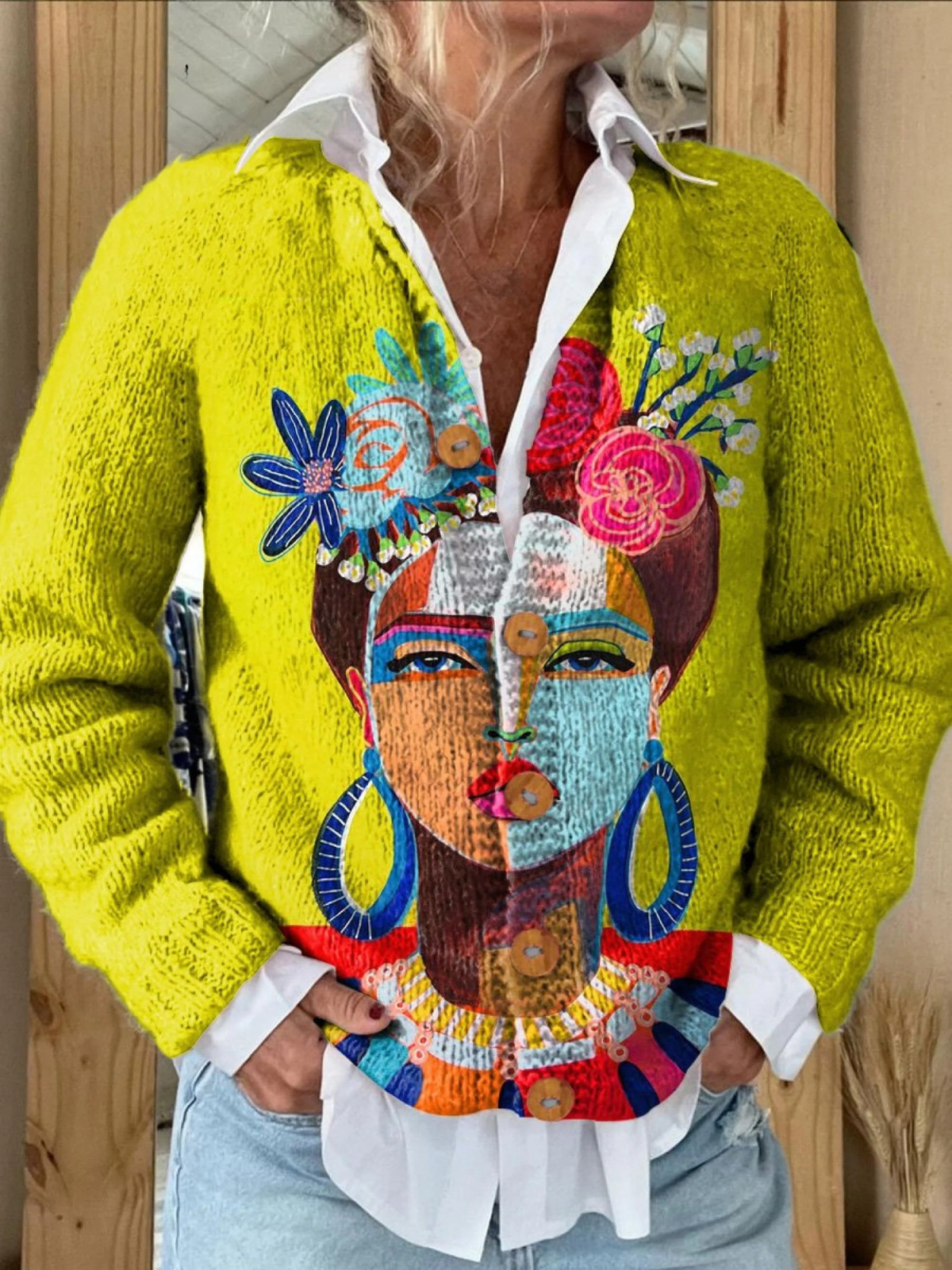 Oil Painting Freda Portrait Art Printed | Buttoned Cardigan Sweater