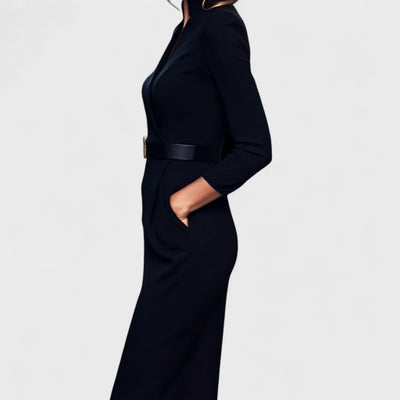 Mollie – Refined Black Dress with Belt and Mandarin Collar