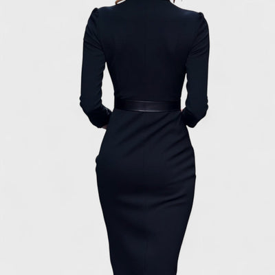 Mollie – Refined Black Dress with Belt and Mandarin Collar