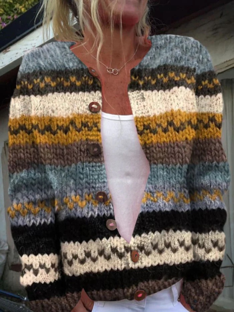 Sienna – Stripe Color Block Print Buttoned Cardigan Sweater