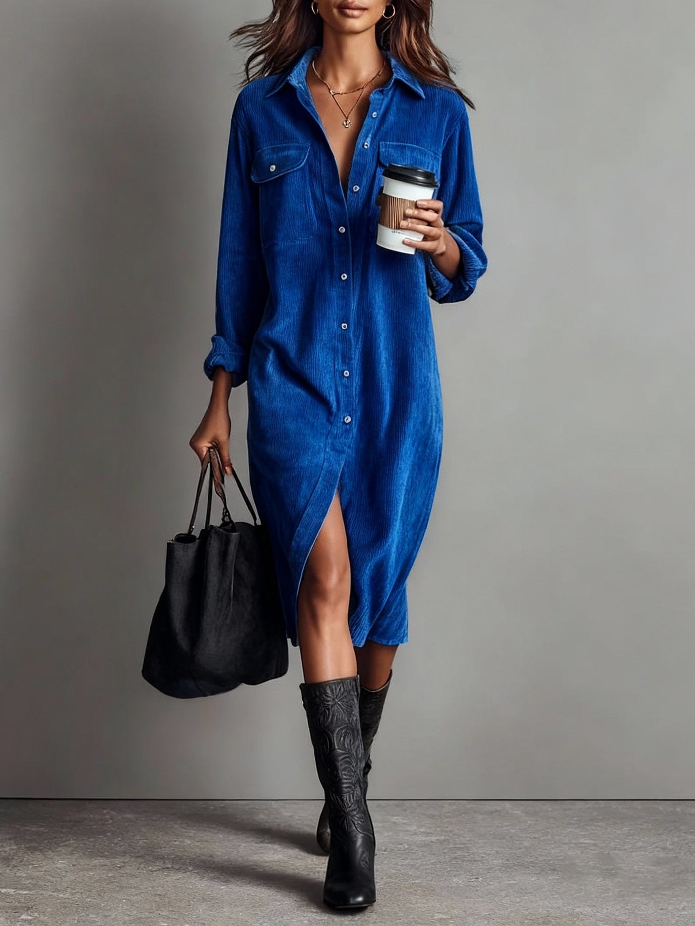 Arlette™ – Cord Midi Shirt Dress