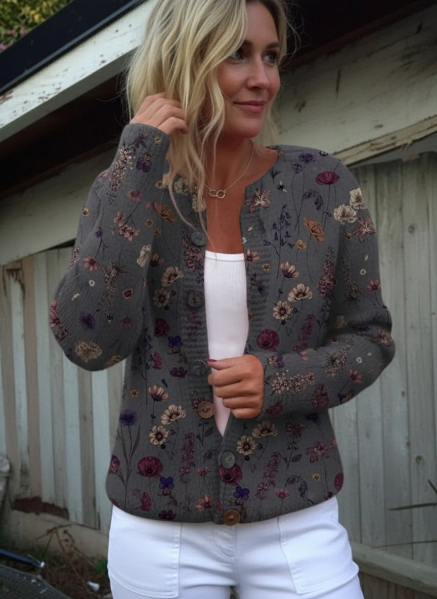 Marigold – Floral Art Print Buttoned Cardigan Sweater