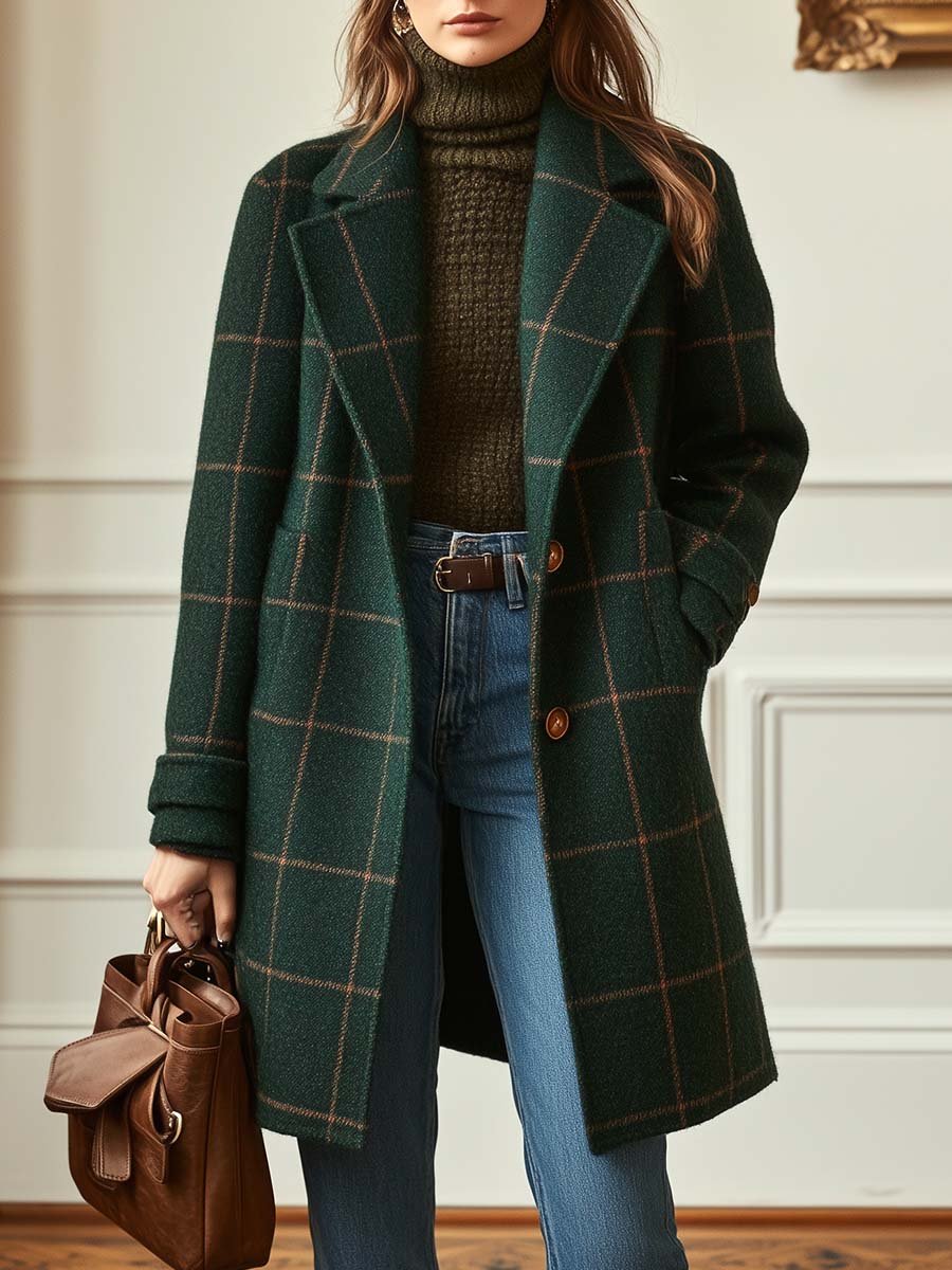 Angela | Women's Retro Lapel Plaid Tweed-Coat