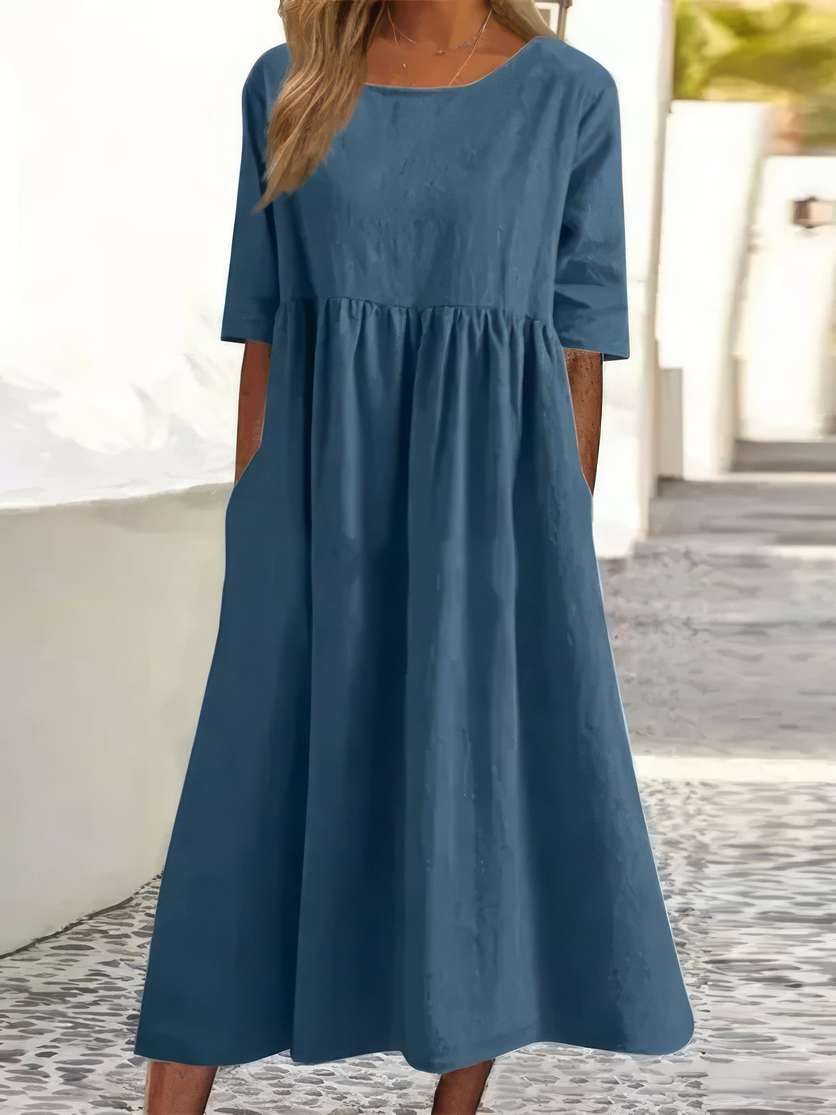 Ella - Cotton Dress With Round Neck And Pockets