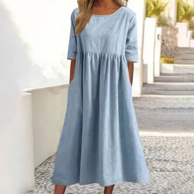 Ella - Cotton Dress With Round Neck And Pockets