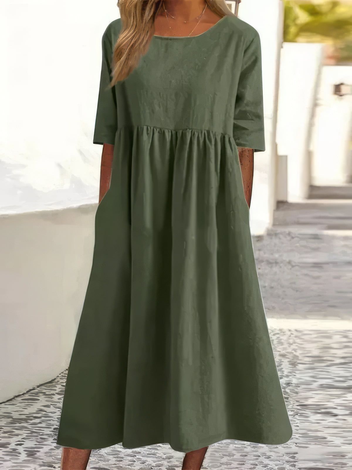 Ella - Cotton Dress With Round Neck And Pockets