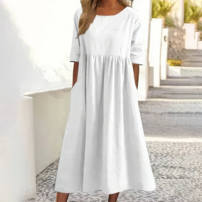 Ella - Cotton Dress With Round Neck And Pockets